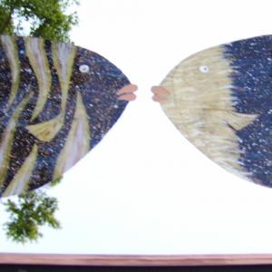 "Fish Kiss" copper framed,copper art,glass mirror art.