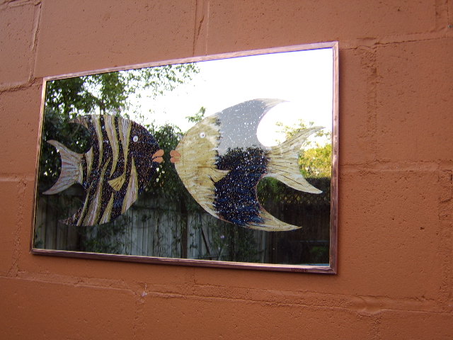 "Fish Kiss",copper and glass wall art